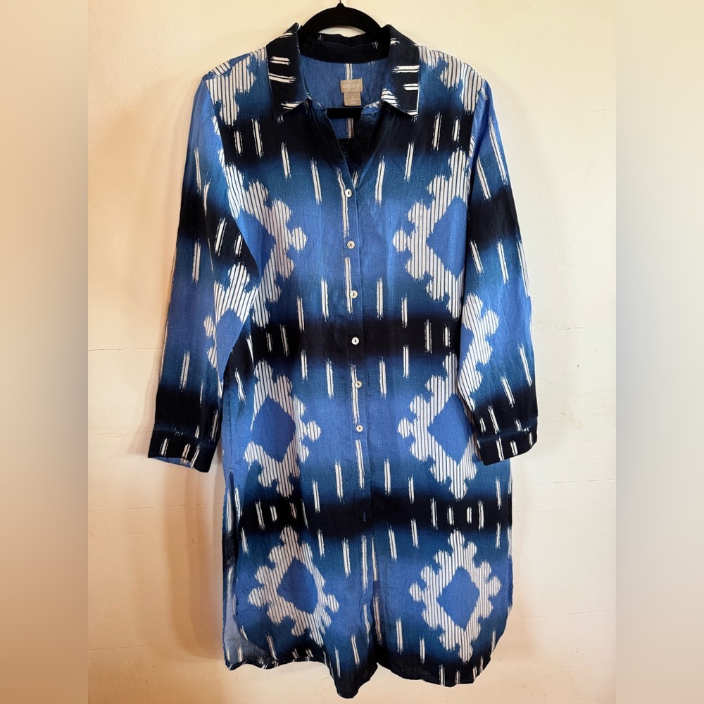 Chico’s women’s 12-14 Ikat print linen tunic tribal longline Summer